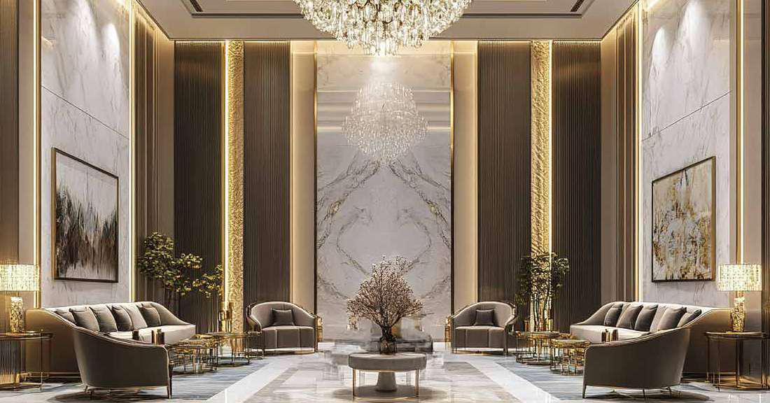 Grand lobby with jaali screen at Amanora
